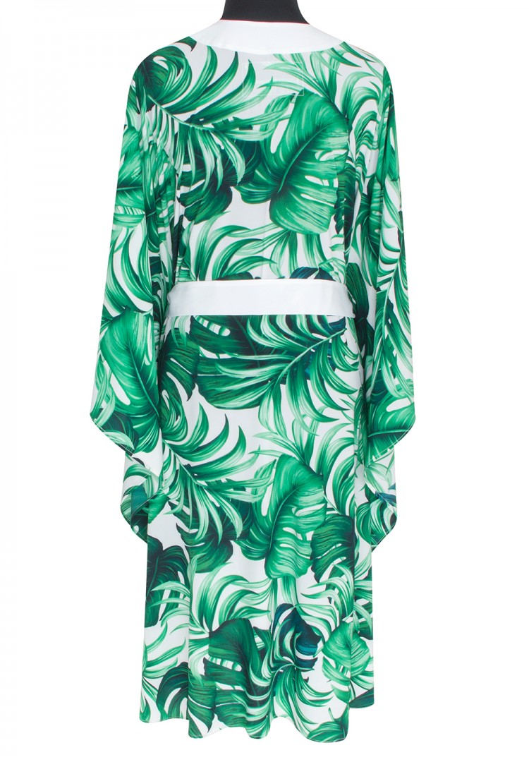 Jungle - Monstera White / Green Kimono (Off-White), Kaftan, robe, resort wear, Beach cover up