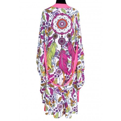 Tulum - Colorful Dreamcatchers Kimono (Neon Pink), Kaftan, robe, resort wear, Beach cover up