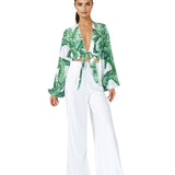 Jungle - Green Palm Cropped Blouse (Off-White)