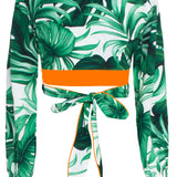 Jungle - Monstera White / Green Crop Top (Neon Orange)