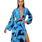 Jungle - Blue Palm Cropped Blouse (Black)