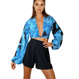 Jungle - Blue Palm Cropped Blouse (Black)