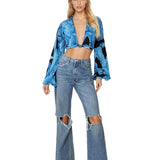 Jungle - Blue Palm Cropped Blouse (Black)