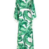 Jungle - Green Palm Maxi Split Kaftan (Off-White)